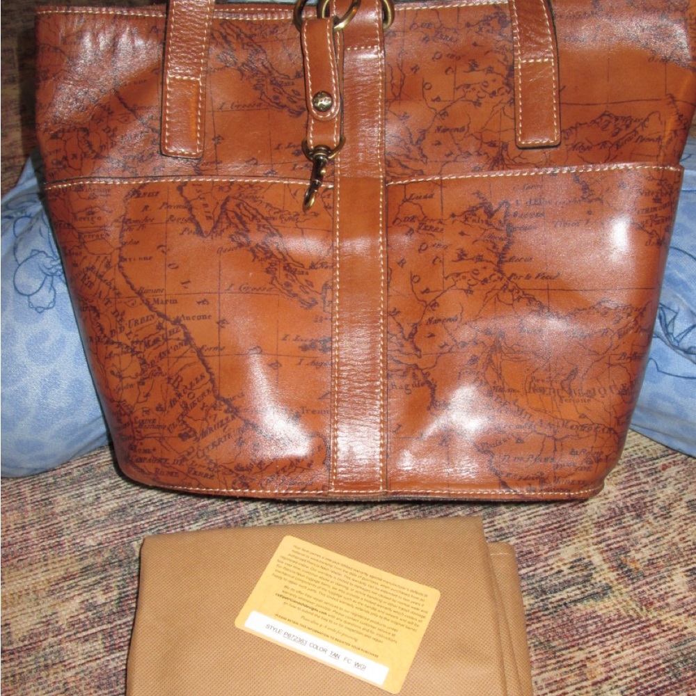 Patricia Nash Espelette Bucket Tote in Tan Map with Brass Accents